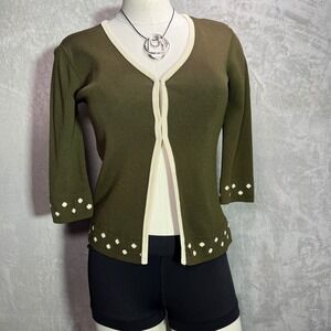 Y2K Womens open front Knit Cardigan Olive Green Size S/M Bratz 3/4 Sleeve